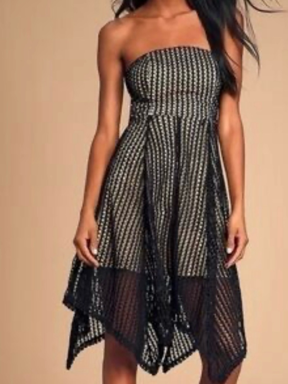 Lulu's Strapless Whimsy Goth Black and Gold Crochet Y2K Handkerchief Hem Dress - Picture 2 of 12